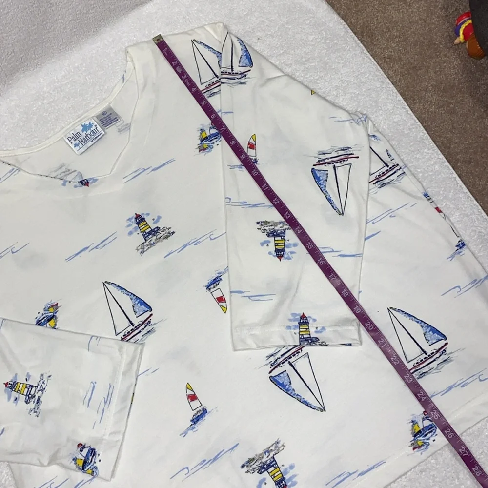 Palm Harbor White Nautical Print lighthouse sailboat vneck pullover 2x - Picture 4 of 7